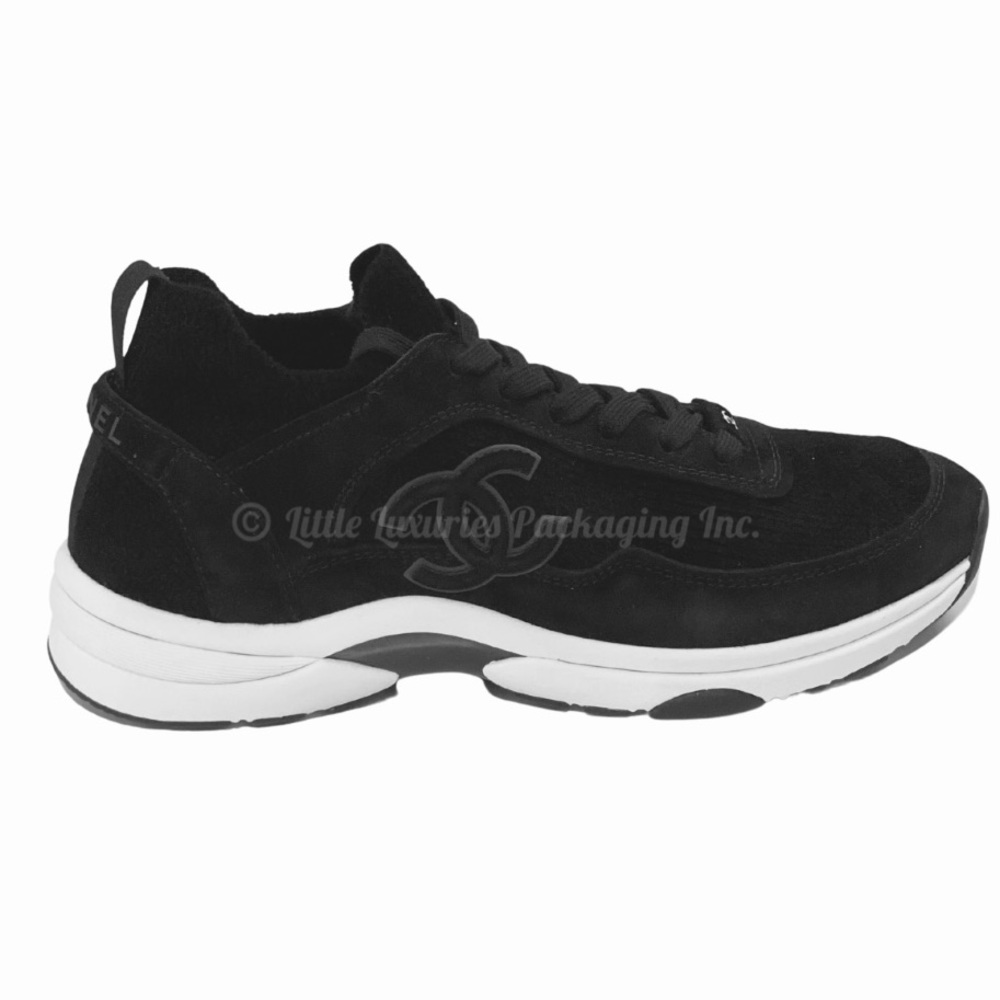 Authentic Chanel Women's Black/Black Knit Fabric Suede Calfskin CC Logo Sneakers